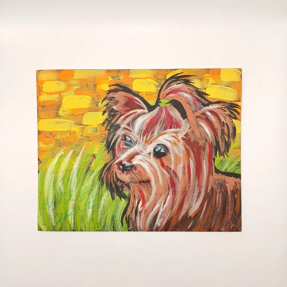 Original Painting of A Yorkie Yorkshire Terrier Signed Impressionist Art 8x10 in